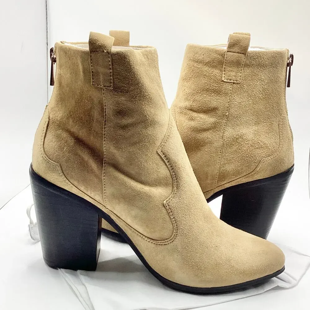 Revolve Raye Ella Tan Suede Heeled Western Ankle Cowboy Boot 9 NEW